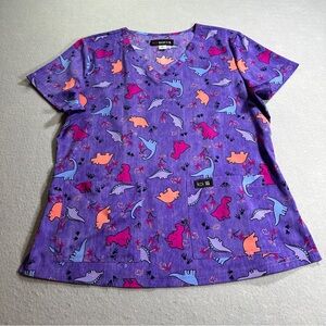 Koi Basics Dinosaur Scrub‎ Top Womens Medium V Neck Purple Pink Orange Print